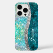 Cute iridescent turquoise faux glitter monogram Case-Mate iPhone case (Achterkant)
