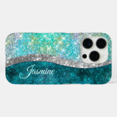 Cute iridescent turquoise faux glitter monogram Case-Mate iPhone case (Achterkant (horizontaal))