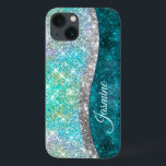 Cute iridescent turquoise faux glitter monogram Case-Mate iPhone case<br><div class="desc">, elegante, girale, zilverkleurige en iriserende faux-glitter in eenhoorn, regenboog, blauwgroen, aqua, turquoise en groene kleuren om een schattig uniek, korrelig hoesje te creëer om uw apparaat te beschermen. Mooie, moderne en koele cover voor de trendbarige en kunstliefhebbende heuptrendsetter. Dit stijlvolle, mooie ontwerp zou geweldig zijn voor meisjes die genieten...</div>