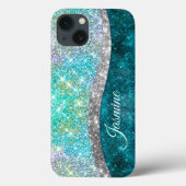 Cute iridescent turquoise faux glitter monogram Case-Mate iPhone case (Achterkant)