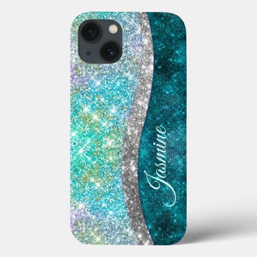 Cute iridescent turquoise faux glitter monogram Case-Mate iPhone case (Achterkant)