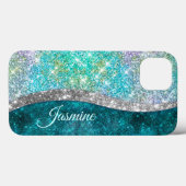 Cute iridescent turquoise faux glitter monogram Case-Mate iPhone case (Achterkant (horizontaal))