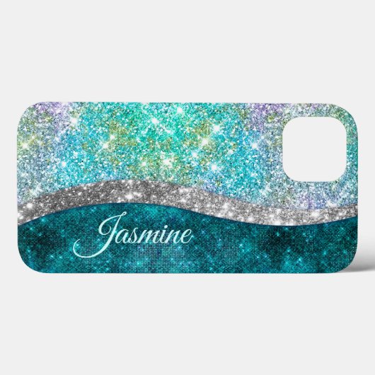 Cute iridescent turquoise faux glitter monogram Case-Mate iPhone case (Achterkant (horizontaal))
