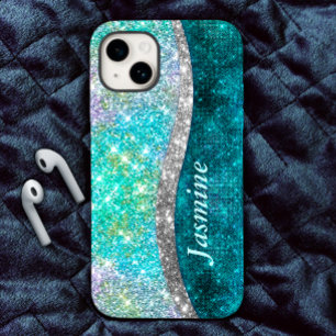 Cute iridescent turquoise faux glitter monogram iPhone 15 case