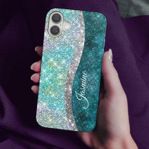 Cute iridescent turquoise faux glitter monogram iPhone 16 hoesje