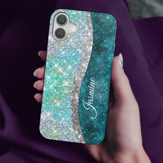 Cute iridescent turquoise faux glitter monogram Case-Mate iPhone case