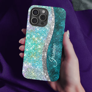 Cute iridescent turquoise faux glitter monogram iPhone 16 pro hoesje