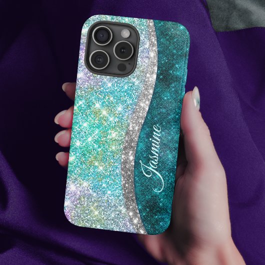 Cute iridescent turquoise faux glitter monogram Case-Mate iPhone case