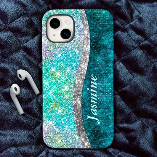 Cute iridescent turquoise faux glitter monogram Case-Mate iPhone case