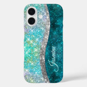 Cute iridescent turquoise faux glitter monogram Case-Mate iPhone case (Achterkant)