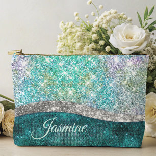 Cute iridescent turquoise faux glitter monogram etui