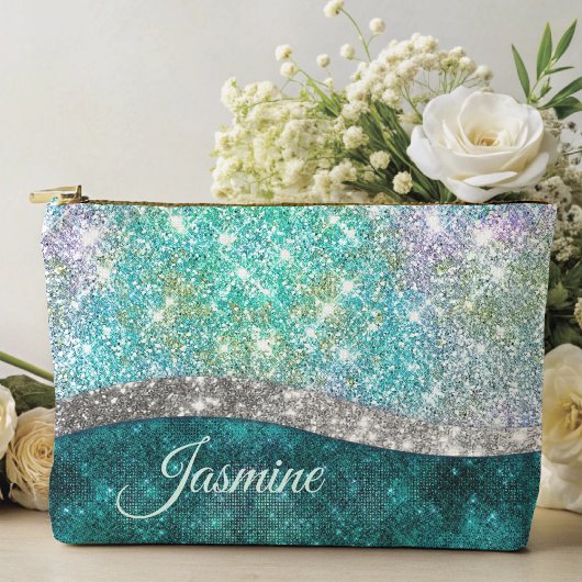 Cute iridescent turquoise faux glitter monogram etui