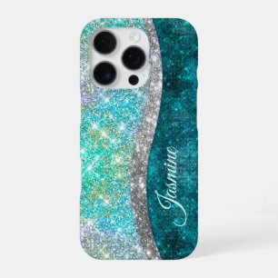 Cute iridescent turquoise faux glitter monogram iPhone 16 pro hoesje