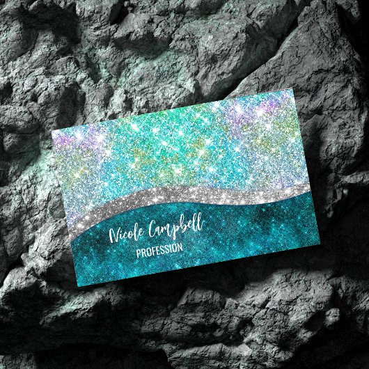 Cute iridescent turquoise faux glitter monogram magnetisch visitekaartje