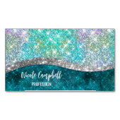 Cute iridescent turquoise faux glitter monogram magnetisch visitekaartje (Voorkant)