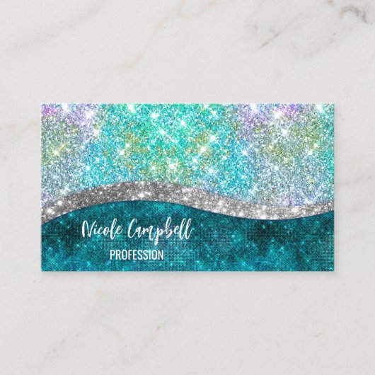 Cute iridescent turquoise faux glitter monogram visitekaartje (Voorkant)