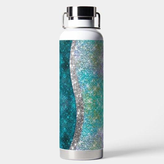 Cute iridescent turquoise faux glitter monogram waterfles (Achterkant)
