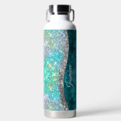 Cute iridescent turquoise faux glitter monogram waterfles (Voorkant)