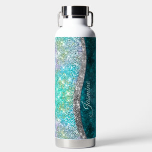 Cute iridescent turquoise faux glitter monogram waterfles
