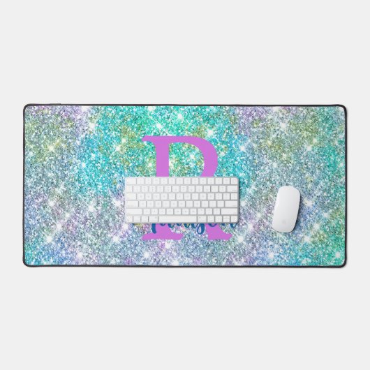 Cute iridescent unicorn blue faux monogram bureaumat (Keyboard & Muis)
