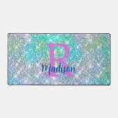 Cute iridescent unicorn blue faux monogram bureaumat (Voorkant)