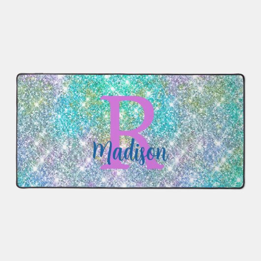 Cute iridescent unicorn blue faux monogram bureaumat (Voorkant)