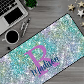 Cute iridescent unicorn blue faux monogram bureaumat