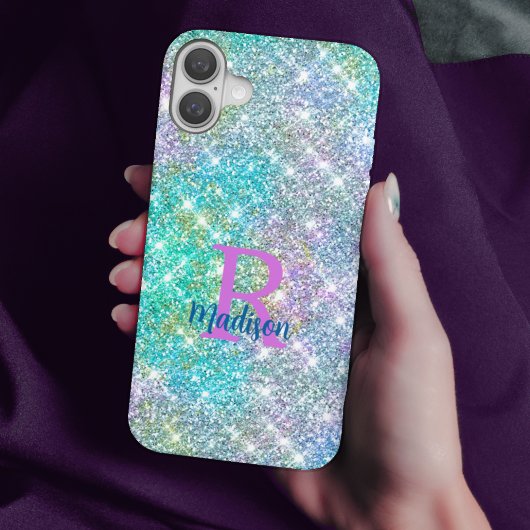 Cute iridescent unicorn blue faux monogram Case-Mate iPhone case
