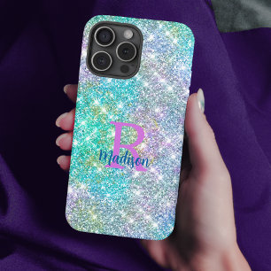 Cute iridescent unicorn blue faux monogram iPhone 16 pro hoesje
