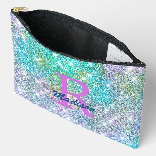 Cute iridescent unicorn blue faux monogram etui (Open)