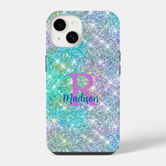 Cute iridescent unicorn blue faux monogram iPhone hoesje (Achterkant)