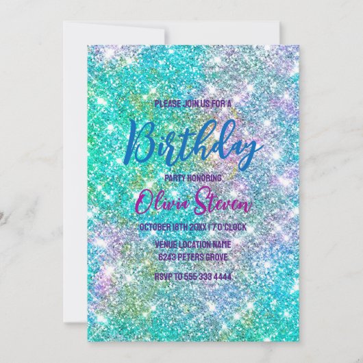 Cute iridescent unicorn blue faux monogram kaart (Voorkant)