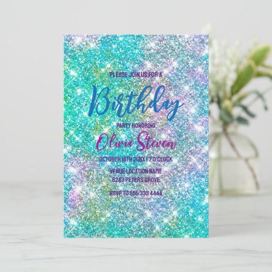 Cute iridescent unicorn blue faux monogram kaart (Staand voorkant)