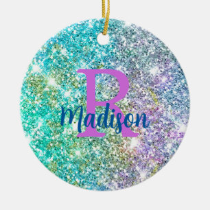 Cute iridescent unicorn blue faux monogram keramisch ornament