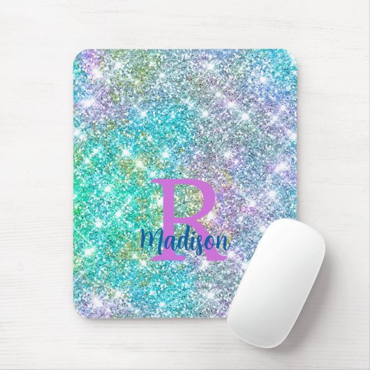 Cute iridescent unicorn blue faux monogram muismat (Met muis)