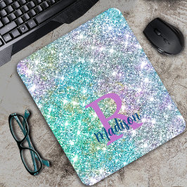 Cute iridescent unicorn blue faux monogram muismat