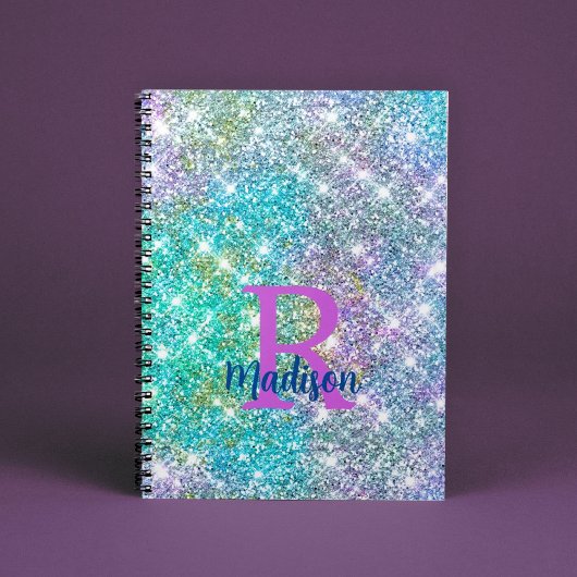 Cute iridescent unicorn blue faux monogram notitieboek
