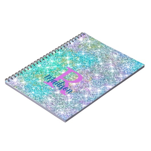 Cute iridescent unicorn blue faux monogram notitieboek (Linkerzijde)