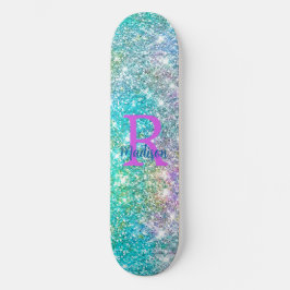 Cute iridescent unicorn blue faux monogram persoonlijk skateboard