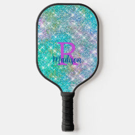 Cute iridescent unicorn blue faux monogram pickleball paddle