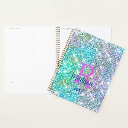 Cute iridescent unicorn blue faux monogram planner (Display)