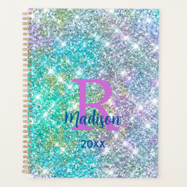 Cute iridescent unicorn blue faux monogram planner