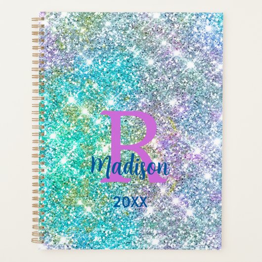 Cute iridescent unicorn blue faux monogram planner (Voorkant)
