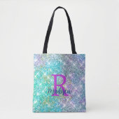 Cute iridescent unicorn blue faux monogram tote bag (Voorkant)