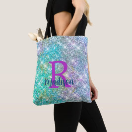 Cute iridescent unicorn blue faux monogram tote bag