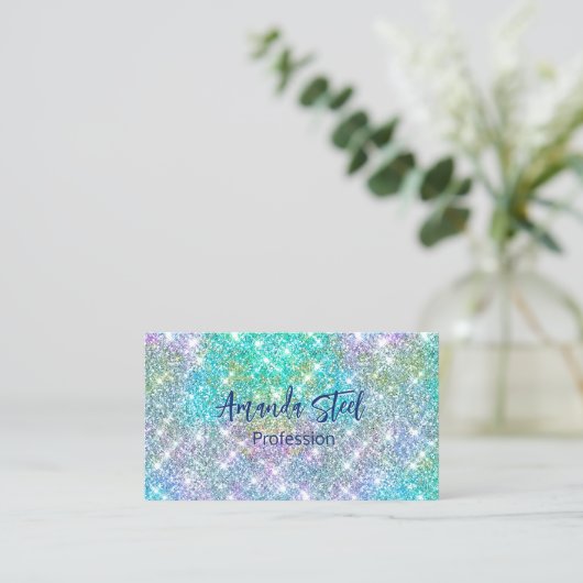 Cute iridescent unicorn blue faux monogram visitekaartje (Staand voorkant)