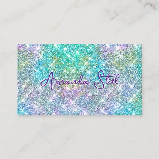 Cute iridescent unicorn blue faux monogram visitekaartje (Voorkant)