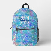 Cute iridescent unicorn blue roze glitter monogram bedrukte rugzak (Voorkant)