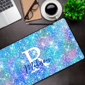 Cute iridescent unicorn blue roze glitter monogram bureaumat