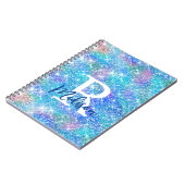 Cute iridescent unicorn blue roze glitter monogram notitieboek (Linkerzijde)